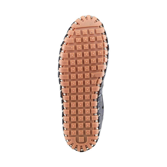 Brown rubber outsole of a woven loafer with square tread and size 37 marking