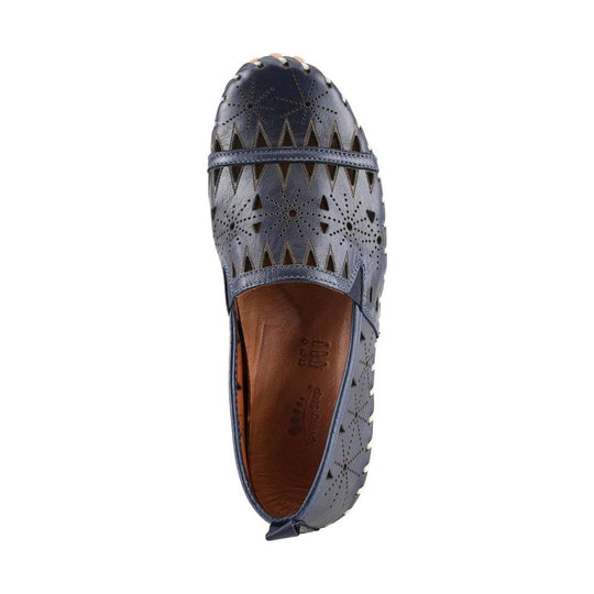 Navy perforated loafer with zigzag cutout pattern and tan leather lining, top view