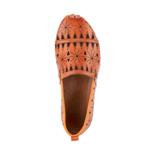 Orange perforated leather loafer with triangular cutouts, top view