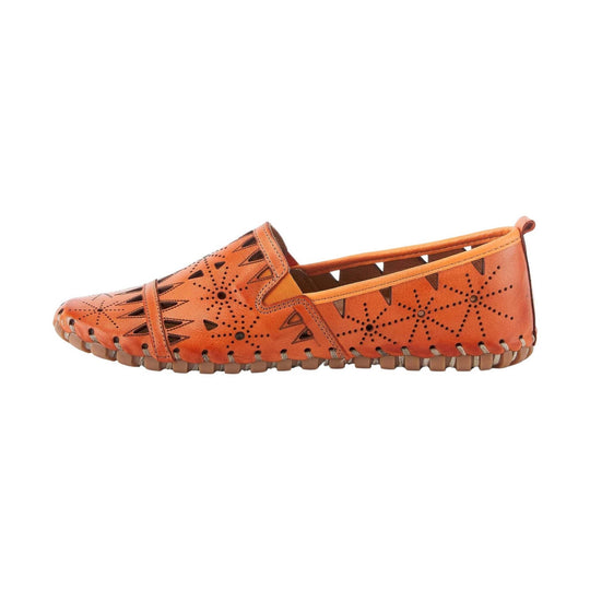 Orange leather loafer with perforated cutout pattern and stitched sole