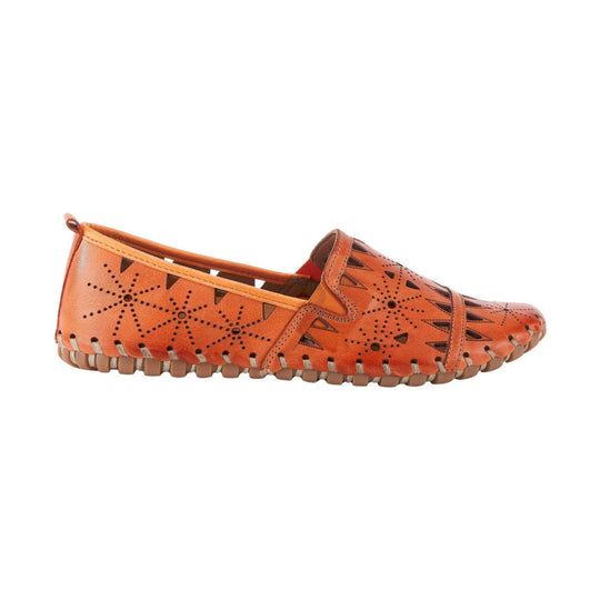 Orange leather loafer with perforated floral cutouts, stitched moc toe, and a brown rubber sole