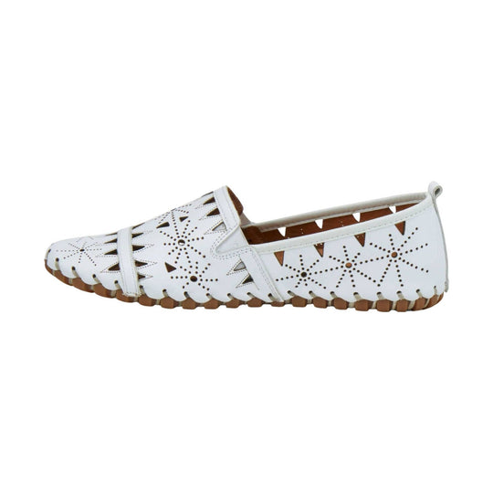 White perforated leather loafer flat with a strap and tan sole, shown in side profile