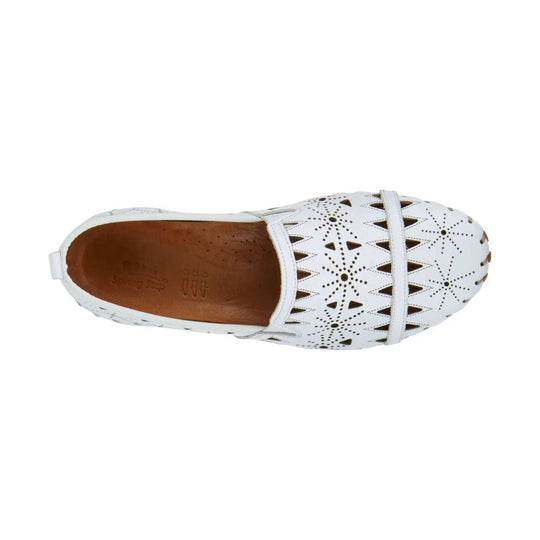 White perforated closed-toe loafer with tan insole and mary jane strap