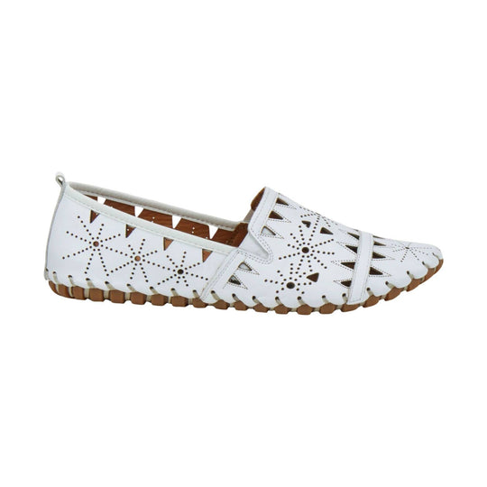White perforated loafer with floral cutout pattern and brown sole