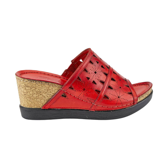 Red wedge sandal with side cutouts and a black sole