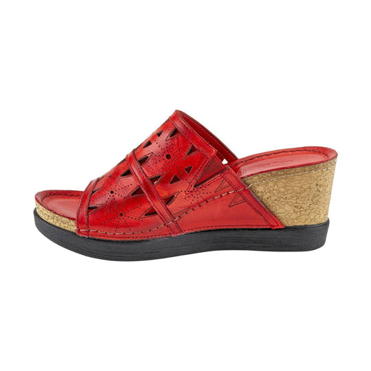 Red wedge sandal with cutout leather upper and tan cork heel