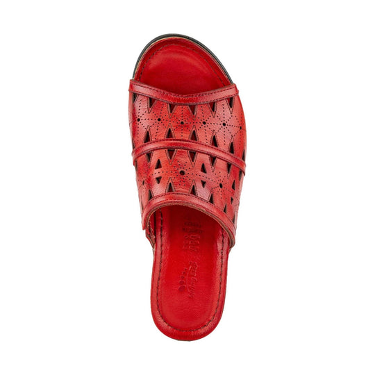 Red leather slip-on sandal with perforated cutouts and two straps