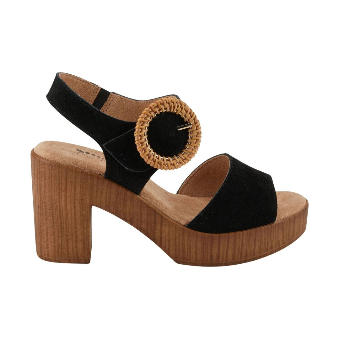 Black suede platform sandal with a wood-look block heel and large woven buckle detail