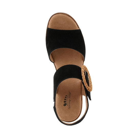 Black suede slingback sandal with tan footbed and woven buckle detail