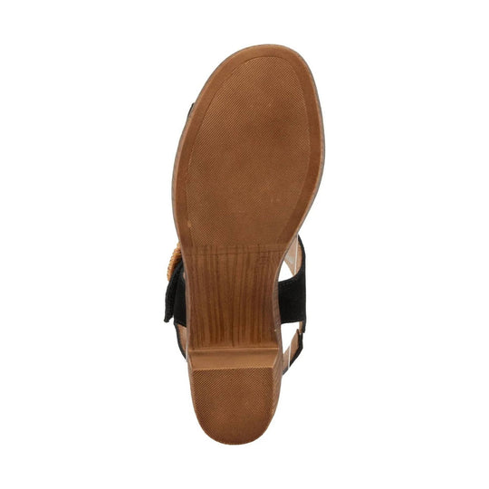 Brown sandal outsole with textured tread and wood-look wedge heel, shown from below