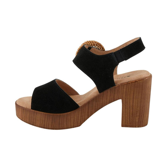 Black suede platform sandal with wooden heel and ankle strap