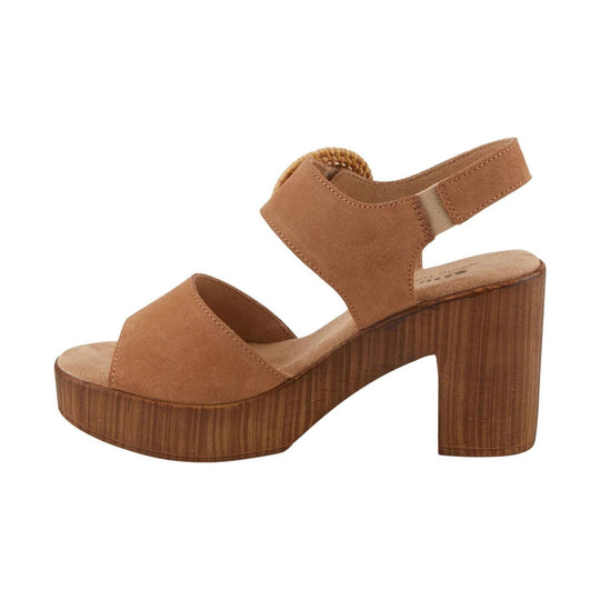 Tan suede platform sandal with block heel and ankle strap