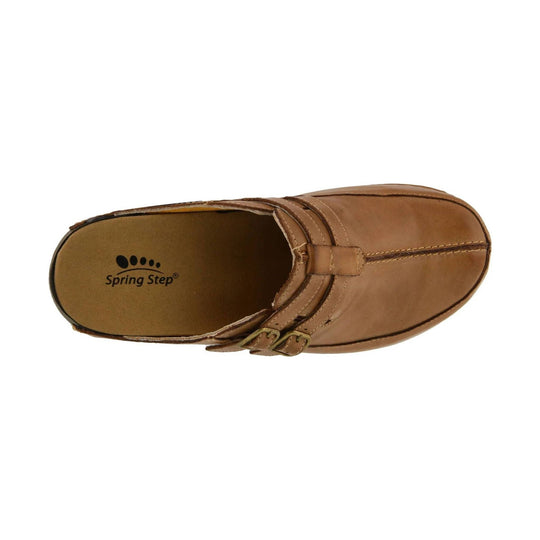 Brown leather clog with stitched toe seam and double buckle straps, top view