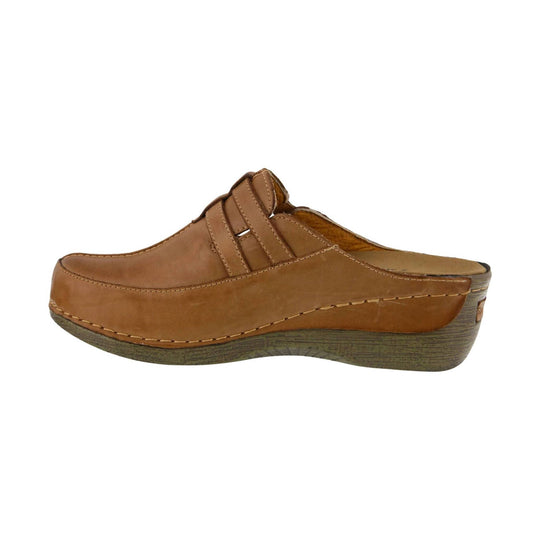 Brown leather clog-style mule with a molded wooden-look platform sole and stitched upper details