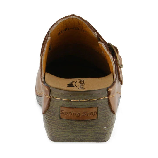 Brown clog mule with wedge heel, buckle strap, and rear heel logo