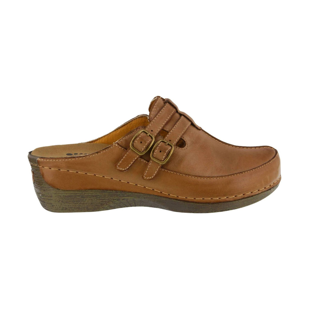 Brown leather mule clog with two buckle straps and a low wedge heel
