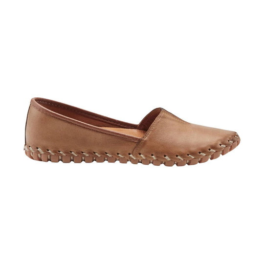 Brown leather slip-on flat with moccasin stitching and a thick treaded sole