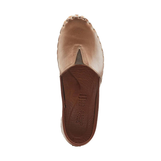 Brown leather closed-toe slingback clog with stitched seams and cutout detail