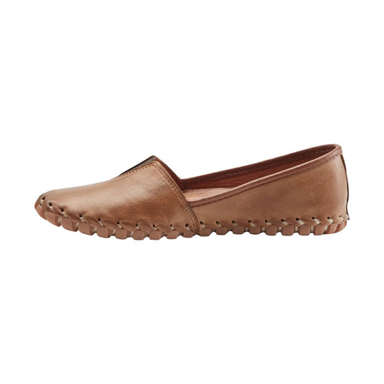 Brown leather women’s slip-on moccasin with stitched toe seams and a textured sole