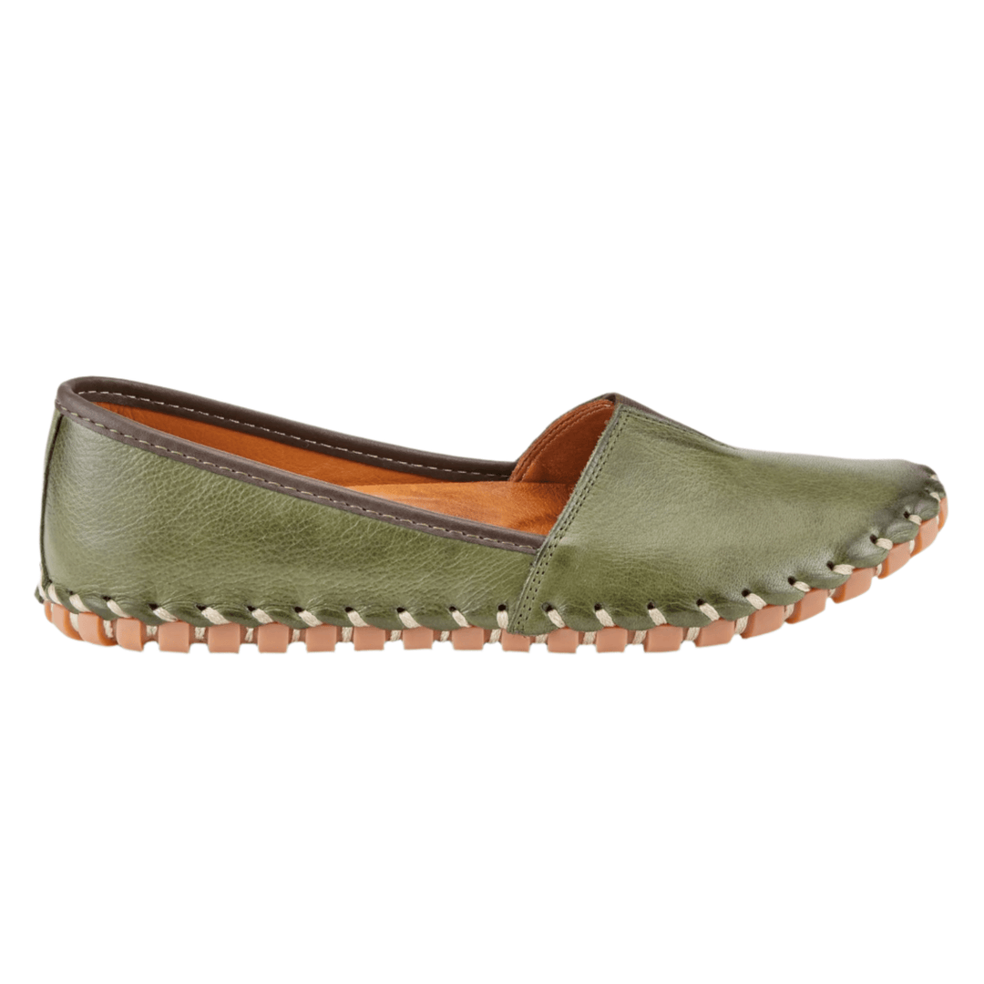 Olive green leather slip-on shoe with brown trim, stitched upper, and tan rubber sole