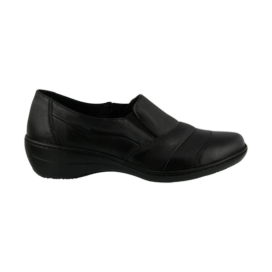 Black slip-on wedge shoe with a rounded toe and stitched upper
