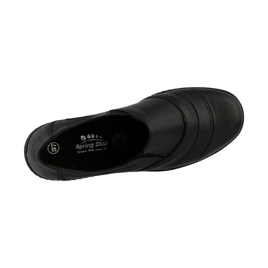 Black leather slip-on shoe with stitched strap details and a round toe, shown from above