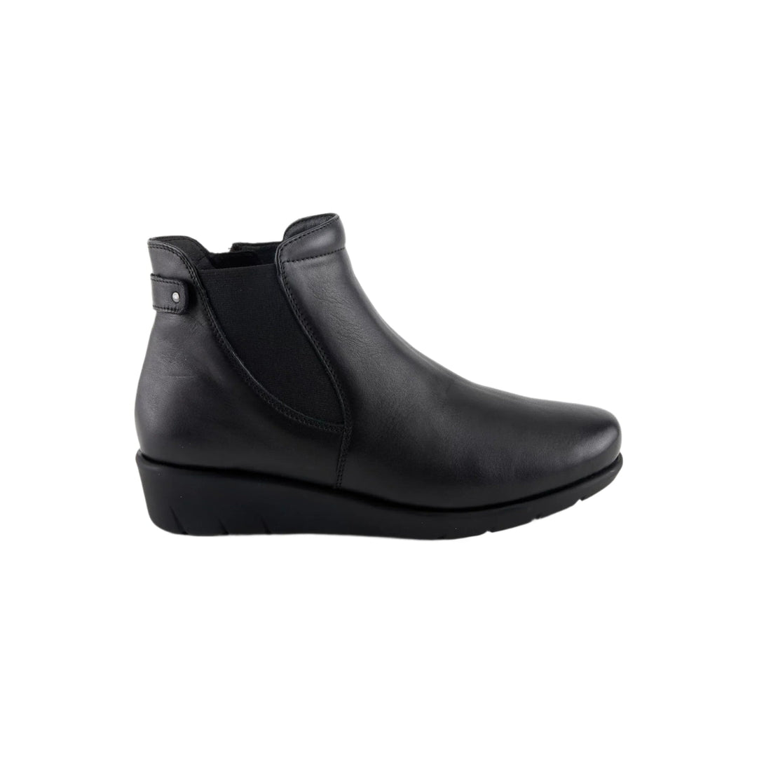 Black leather wedge ankle boot with side elastic panel and pull tab