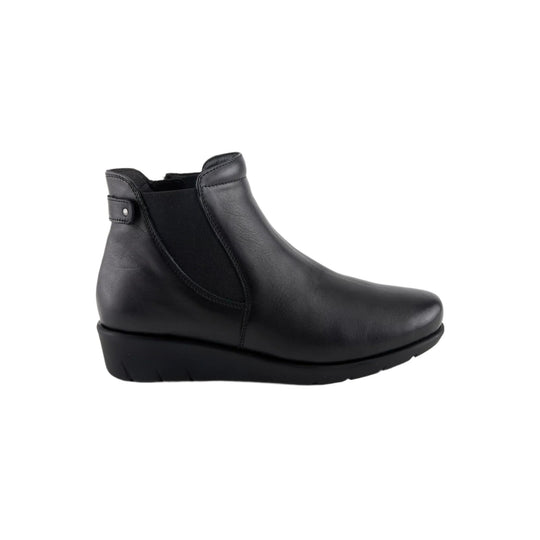 Black leather wedge ankle boot with side elastic panel and pull tab