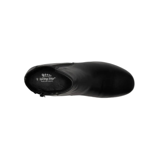 Black leather wedge ankle boot seen from above with a side zipper
