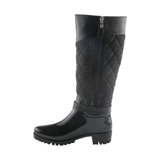 Black mid-calf rain boot with quilted shaft, side zipper, and lug sole