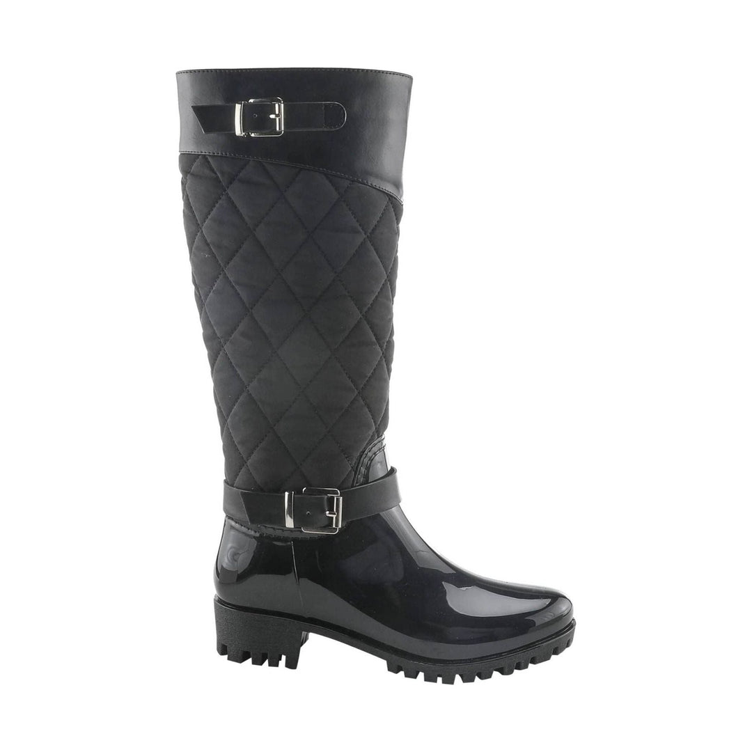 Black quilted knee-high rain boot with two buckle straps and a lug sole