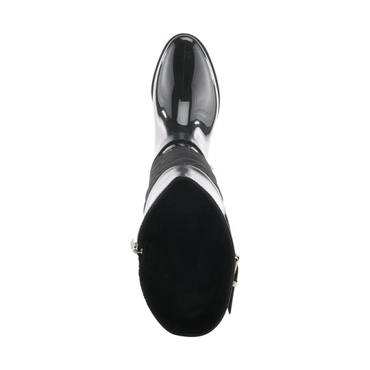 Glossy black rain boot shown from above with a tall shaft and rounded toe