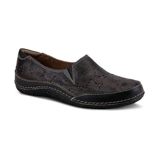 Dark brown slip-on shoe with floral cutout pattern, stitched trim, and black toe and sole