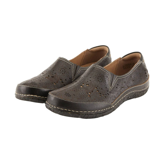 Pair of dark brown slip-on shoes with floral cutout detailing and black toe caps