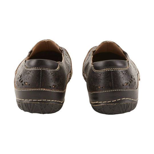 Brown slip-on shoes with floral cutout detailing and stitched soles, shown from the back