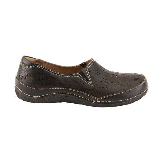 Dark brown slip-on shoe with floral cutout pattern, contrast stitching, and a black treaded sole