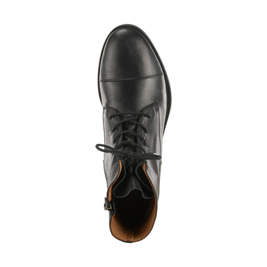 Black leather lace-up ankle boot with cap toe and side zipper, top view