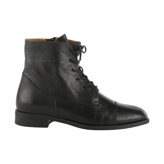 Black leather lace-up ankle boot with a rounded toe and low stacked heel