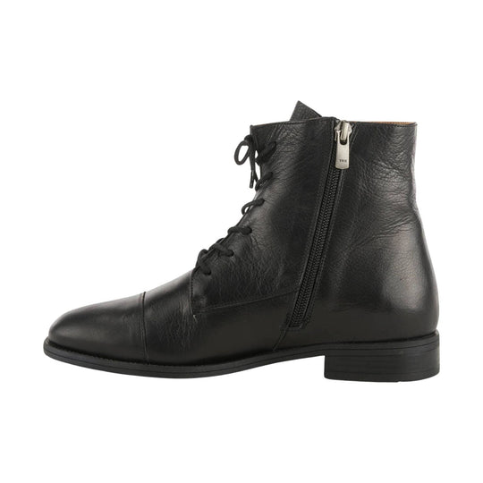Black leather ankle boot with lace-up front, side zipper, and low stacked heel