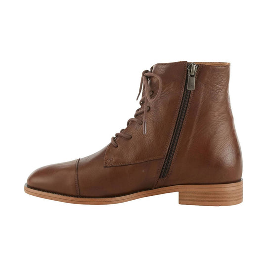 Brown leather ankle boot with lace-up front, side zipper, and stacked low heel