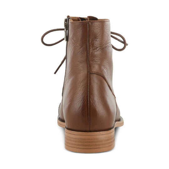 Brown leather ankle boot with side zipper and lace tie, shown from the back