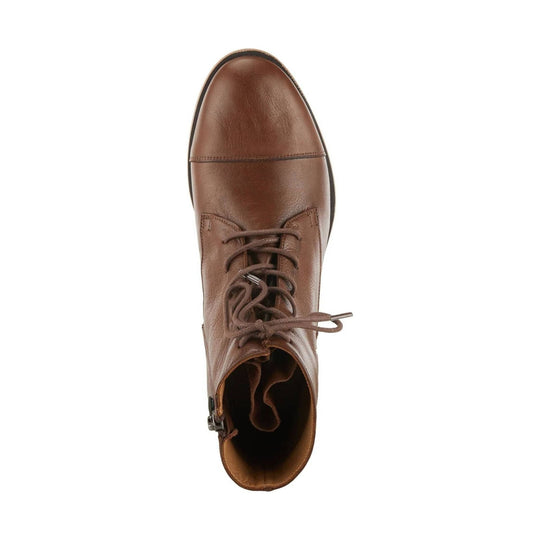 Brown leather lace-up ankle boot with a cap toe and side zipper, viewed from above