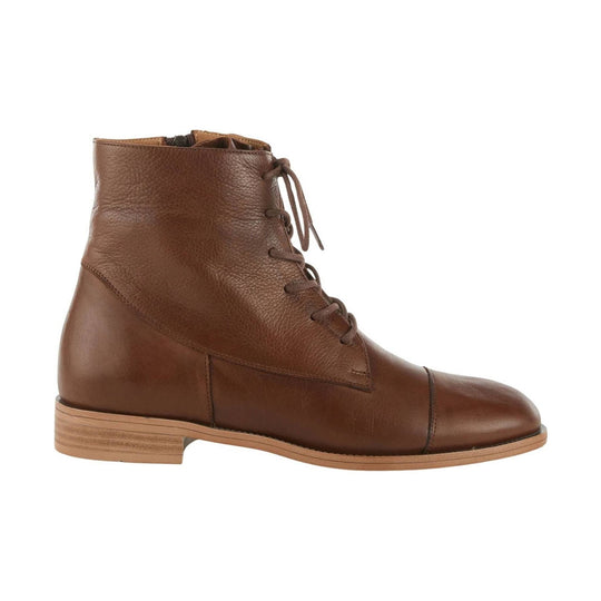 Brown leather lace-up ankle boot with cap toe and low stacked heel