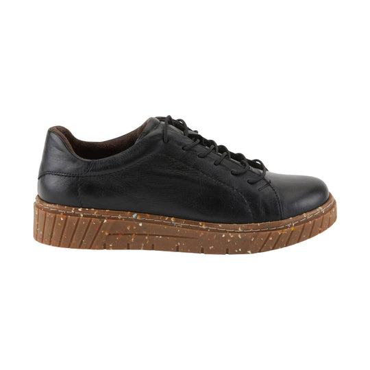 Black leather lace-up sneaker with a brown speckled platform sole