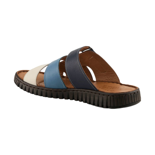 Multicolor strappy slide sandal with blue, navy, and cream bands and a black ridged sole