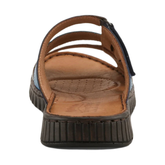 Brown sandal with a tan footbed, open heel strap, and dark ribbed sole, shown from the back
