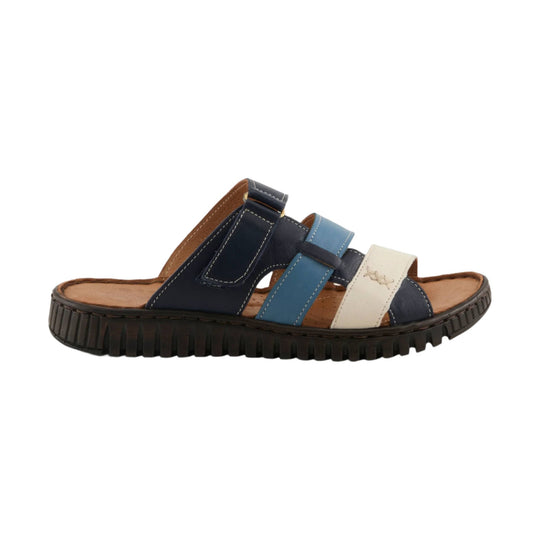Blue, white, and black strappy sandal with a chunky tread sole