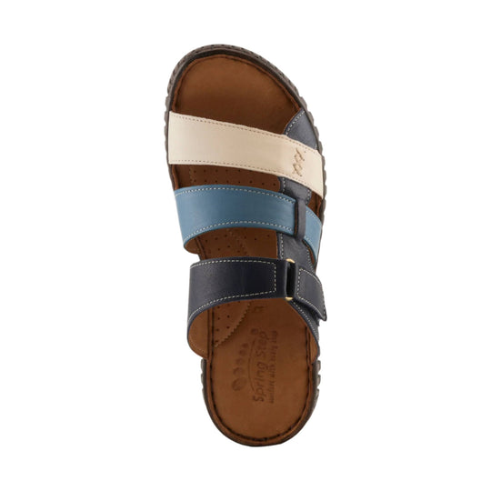 Closed-toe sandal with three wide straps in cream, light blue, and navy