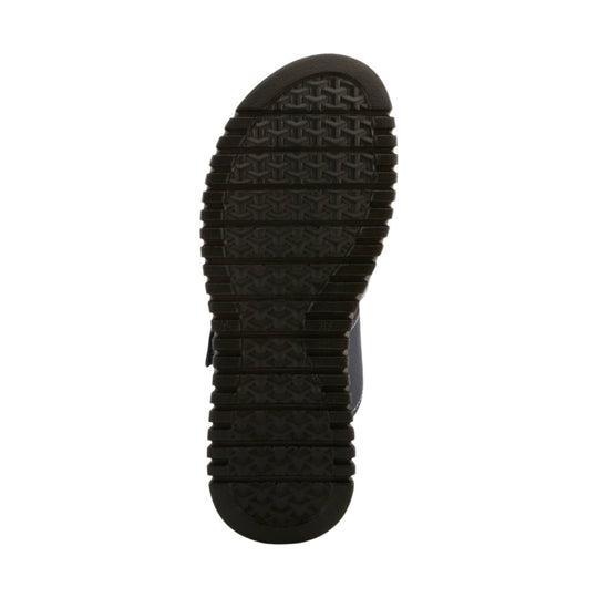 Black rubber lugged outsole of a sandal or shoe, shown from the bottom