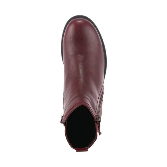 Burgundy leather ankle boot shown from the top, with a rounded toe and side zipper